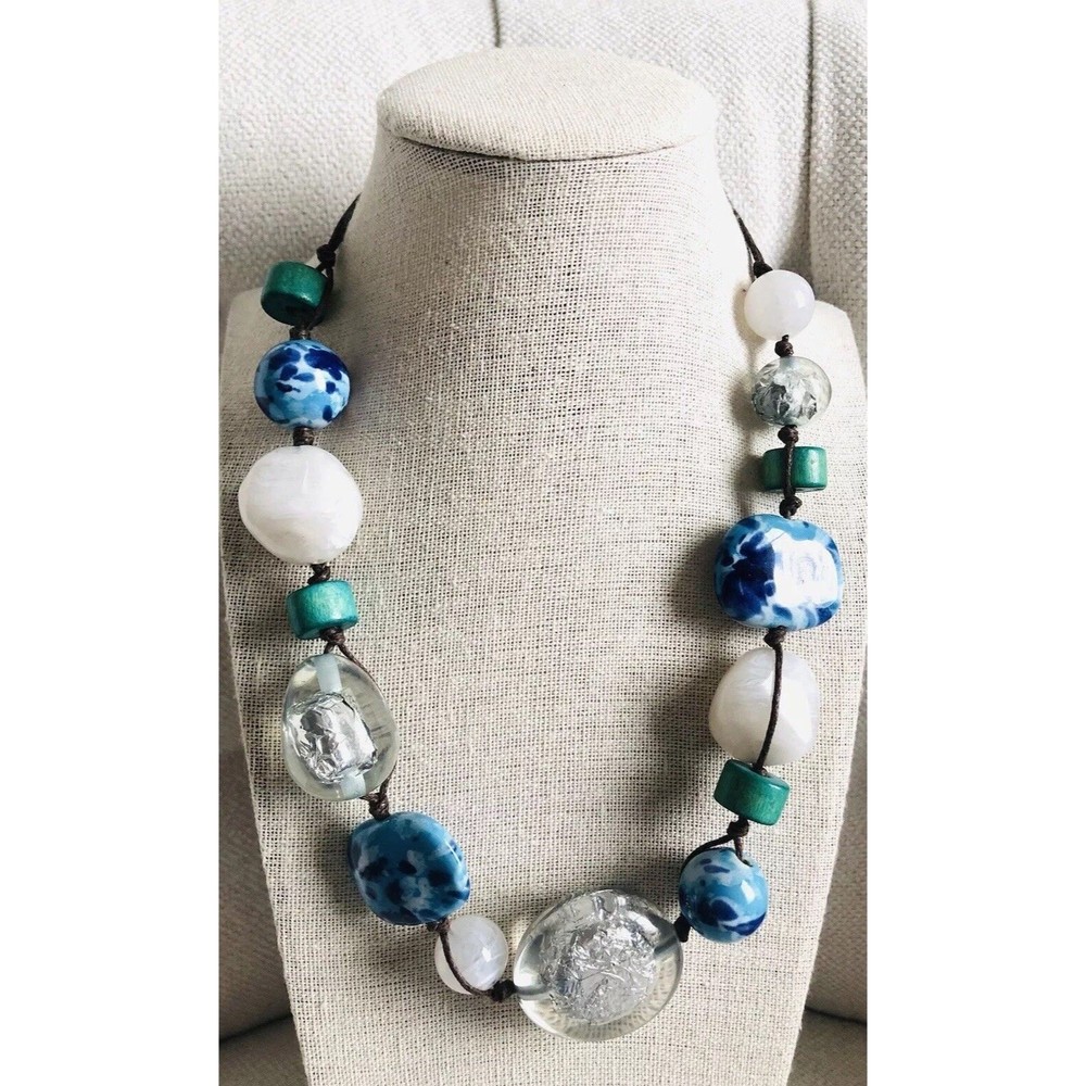 Jessica Simpson Chunky Lucite Necklace ~Signed~Foil Bead Lucite/Ceramic/Wood~